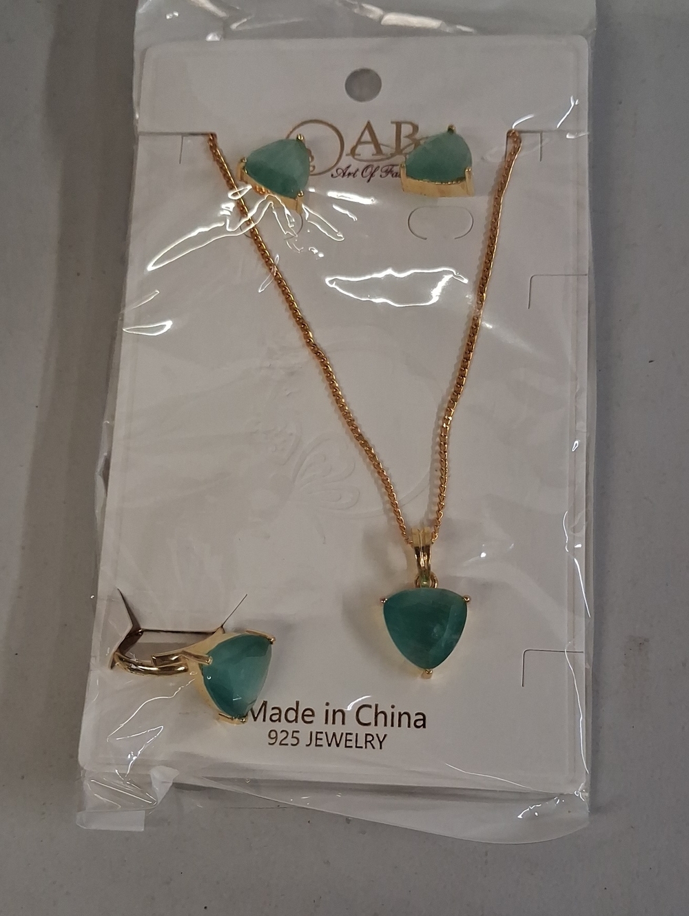 NWT Gold-Plated Aqua Triangle Pendant Necklace, Ring & Earrings Set